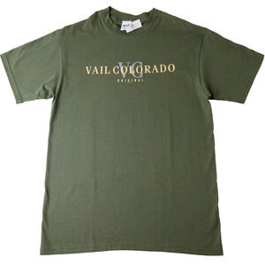 Vtg Anvil T-Shirt Men’s Large Olive Green Vail Colorado Graphic 90s Made in USA